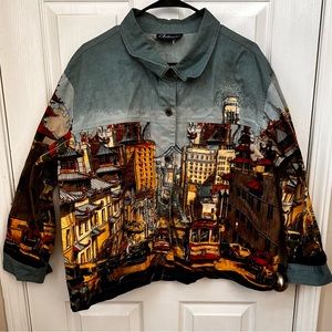 Vintage Artscape San Fransisco City Scape China Town Trolley Car Jean Jacket